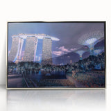 Mid-century modernist art of Singapore skyline in muted silver and gray tones on framed acrylic.