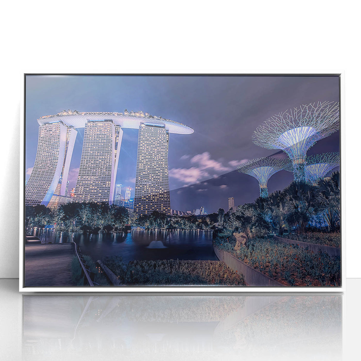 Acrylic print of Singapore skyline in monochrome, framed in white, suitable for modern art wall decor.