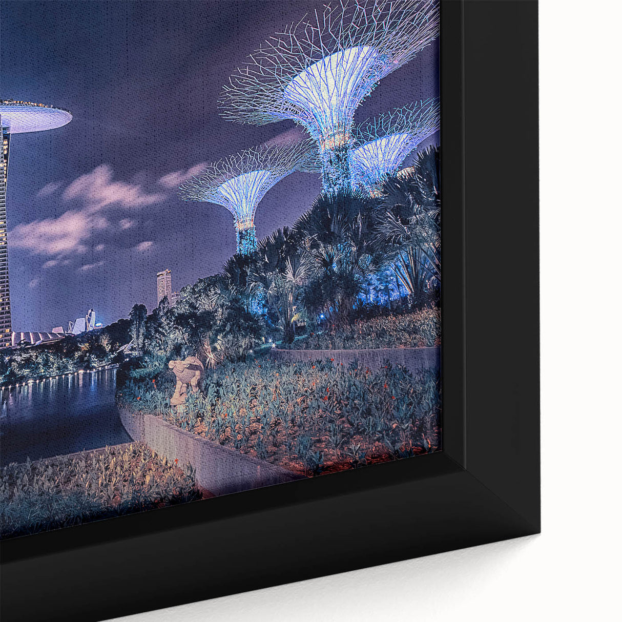 Extra large framed canvas of a textured Singapore skyline in black with colorful highlights, ideal for living room decor.
