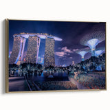 Framed canvas depicting a vintage-style landscape of Singapore with black and gold tones, ideal for bedroom wall art.