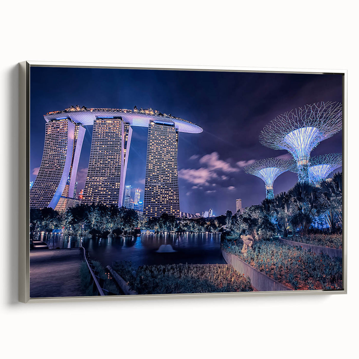 Landscape art painting of Singapore skyline on framed canvas, featuring colorful art in vintage poster style.