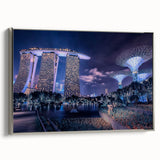 Landscape art painting of Singapore skyline on framed canvas, featuring colorful art in vintage poster style.