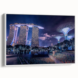 Vintage poster art of Singapore skyline in colorful hues on extra large framed canvas, ideal for living room decor.