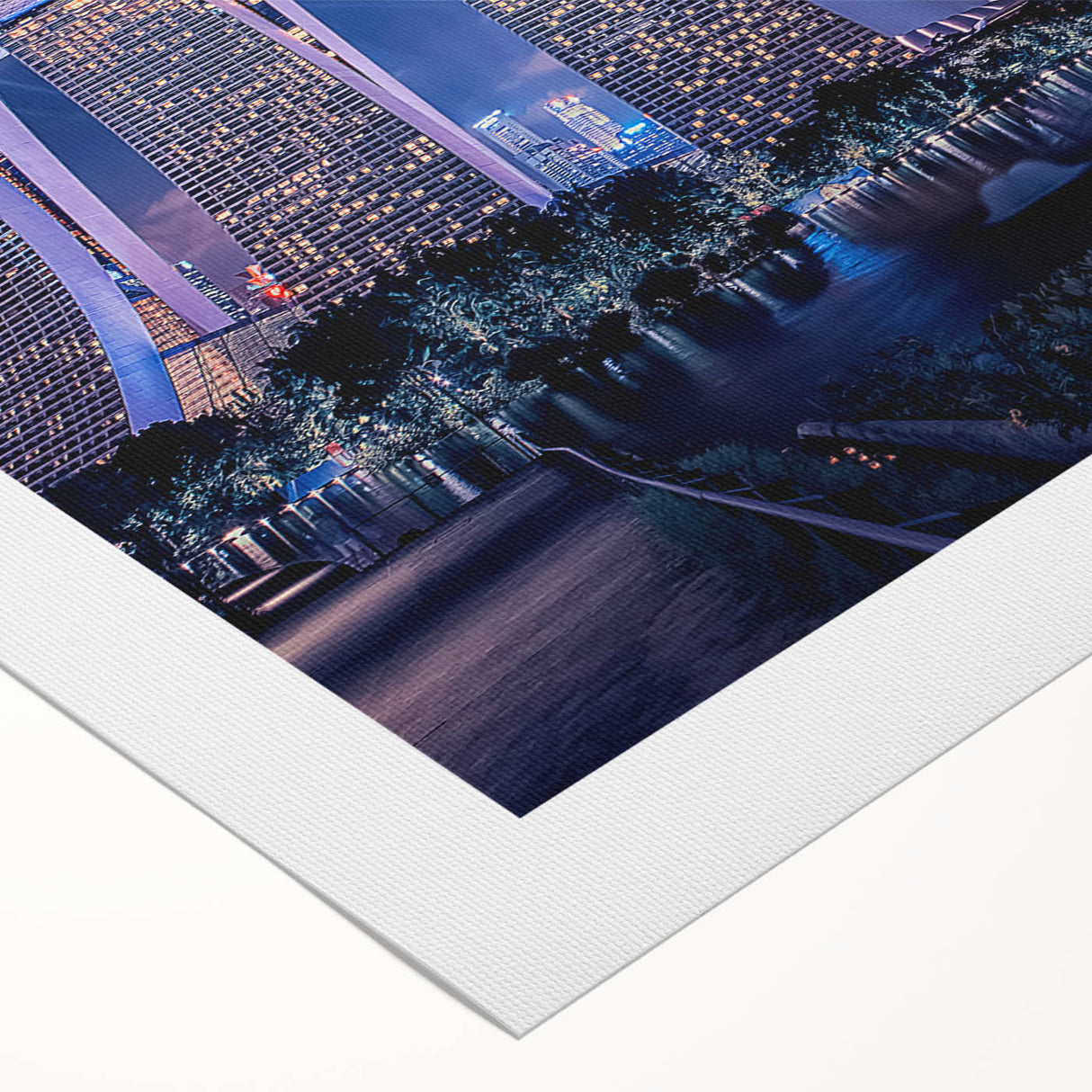 Art deco poster depicting the Singapore skyline in muted gold and blue tones on rolled canvas.