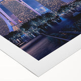 Art deco poster depicting the Singapore skyline in muted gold and blue tones on rolled canvas.