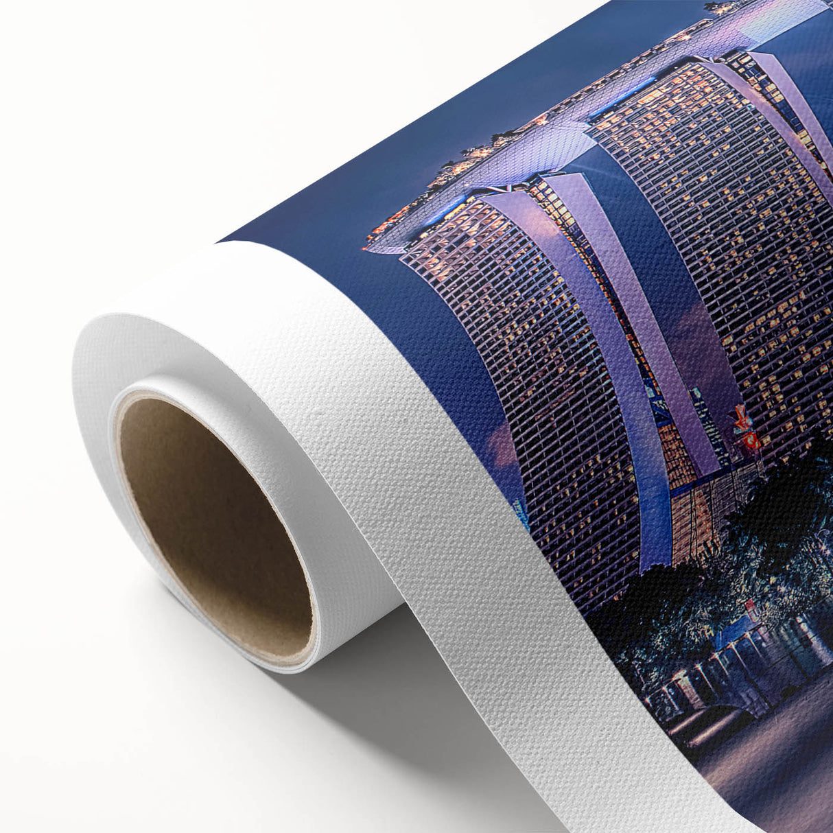 Art Deco poster of Singapore skyline in muted gray and blue tones on rolled canvas, ideal for nursery wall art.