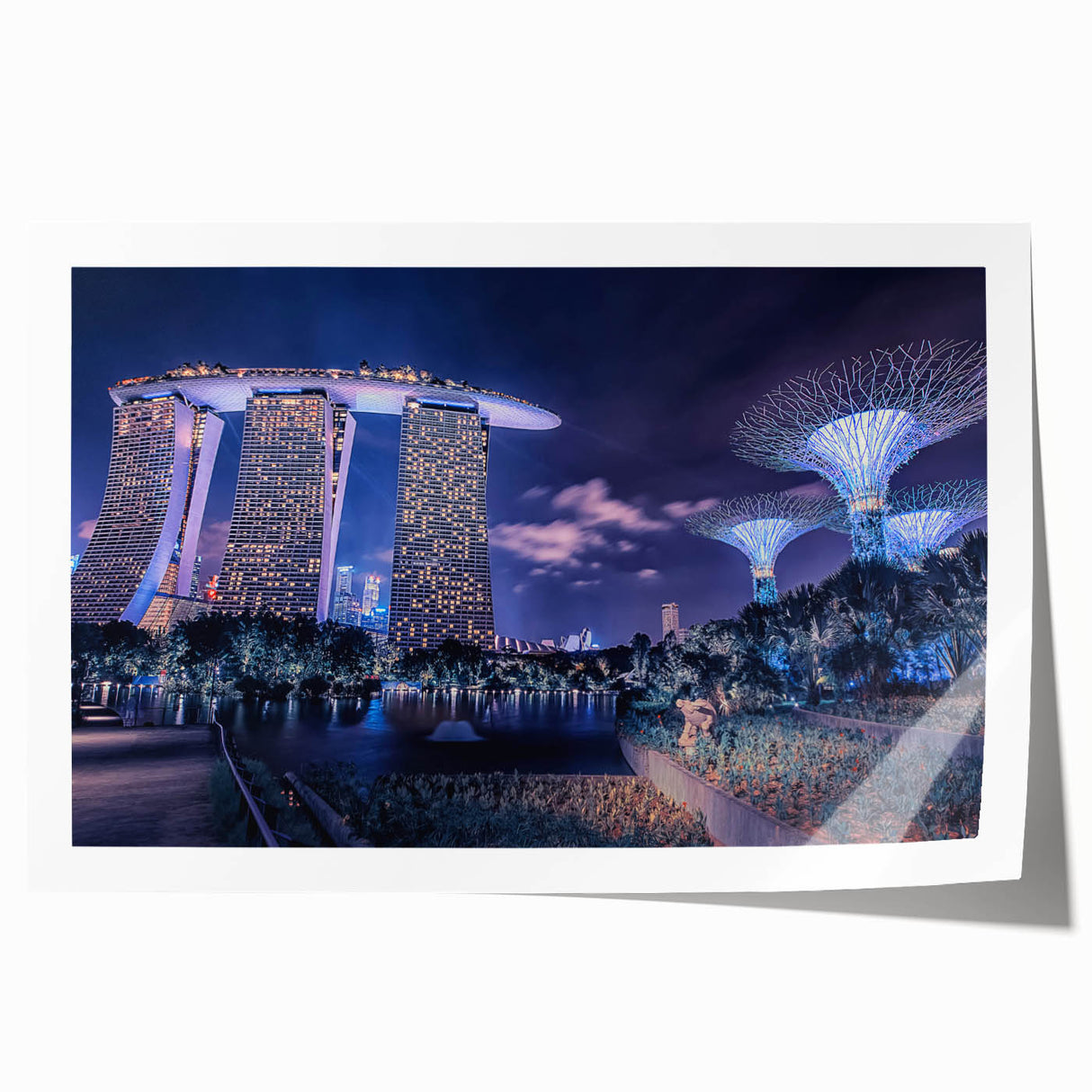 Extra large rolled print of a Singapore skyline with muted gray and blue tones, ideal for art wall dining room.