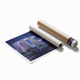 Extra large rolled print of Singapore skyline with vibrant floral foreground, ideal for classy bathroom wall art.