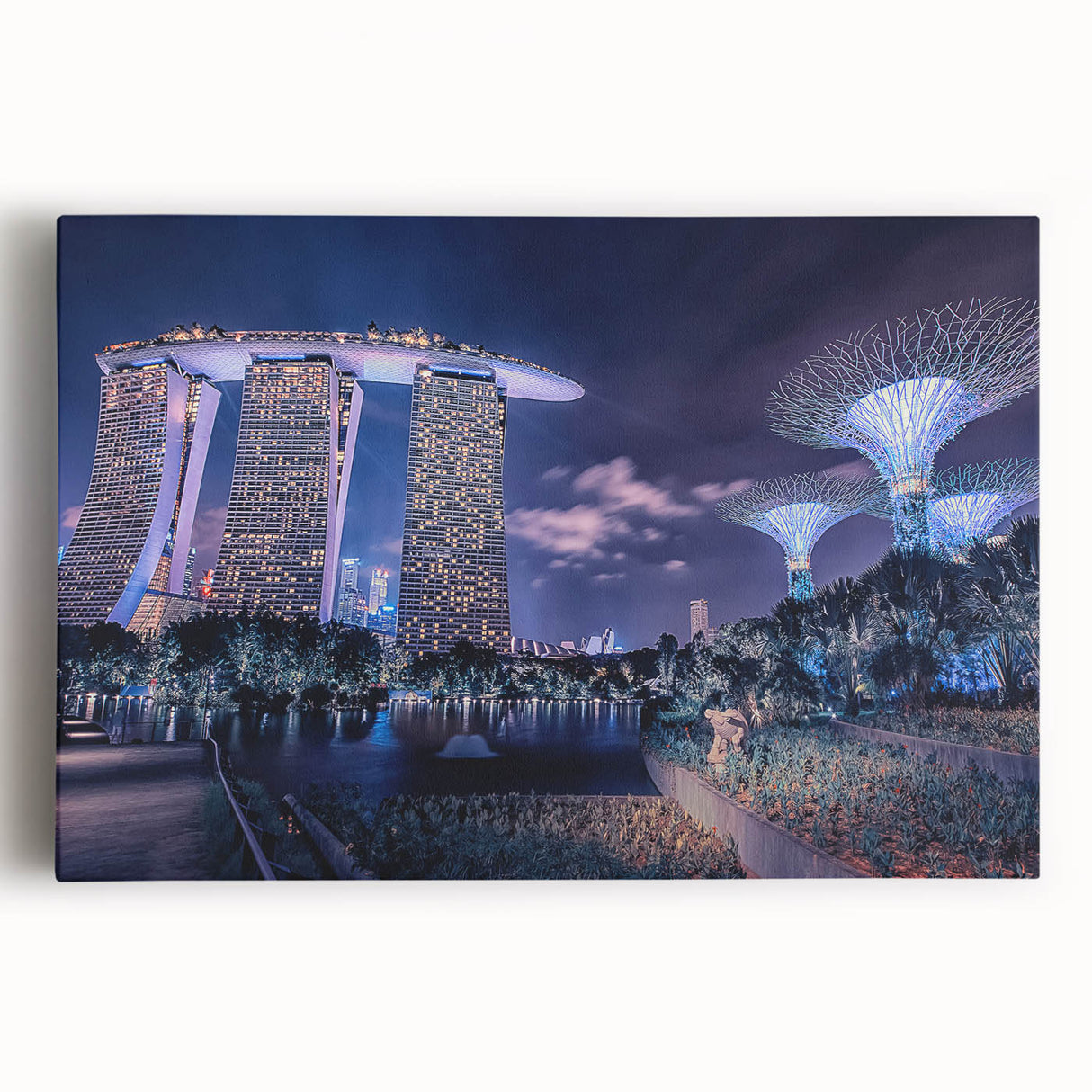 Black and white stretched canvas of Singapore skyline, ideal for kitchen wall art.