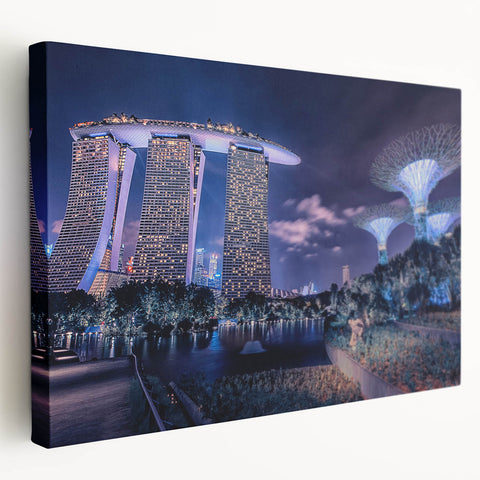 Large canvas print of Singapore skyline in muted gray tones, suitable for kitchen wall art.