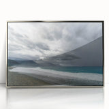 Mid-century modernist art depicting a serene Taiwan landscape in muted earth tones, framed acrylic.