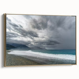 Vintage poster art of a Taiwanese landscape on framed canvas, featuring muted gold and black tones, ideal for bedroom decor.
