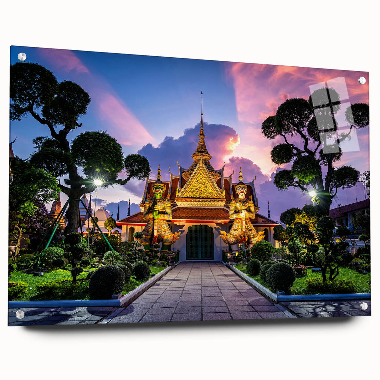 Acrylic print of Bangkok skyline with vibrant sunset hues, ideal for dining room decor.