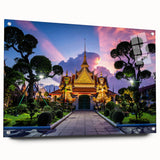 Acrylic print of Bangkok skyline with vibrant sunset hues, ideal for dining room decor.