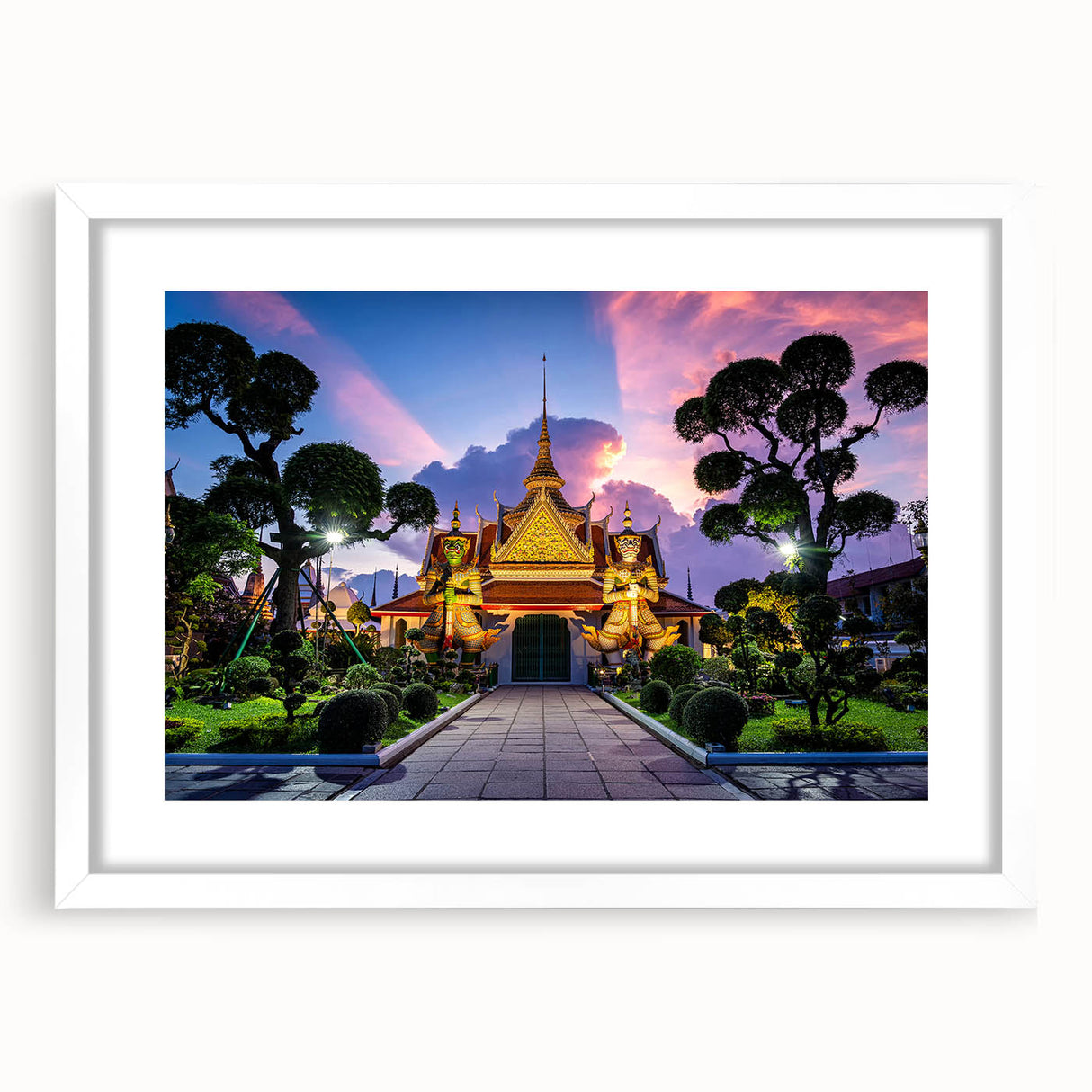 Abstract art print of Bangkok skyline in muted gray and blue tones on a framed white mat, suitable for dining room decor.