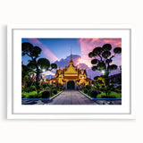 Abstract art print of Bangkok skyline in muted gray and blue tones on a framed white mat, suitable for dining room decor.