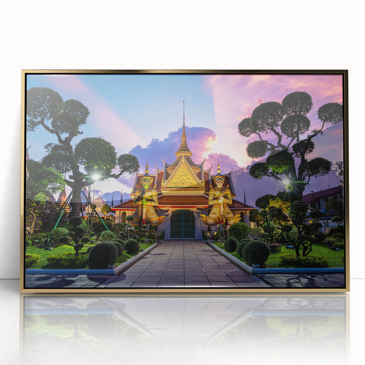 Framed acrylic print of Bangkok skyline in gold and blue tones, ideal for modern art wall decor.