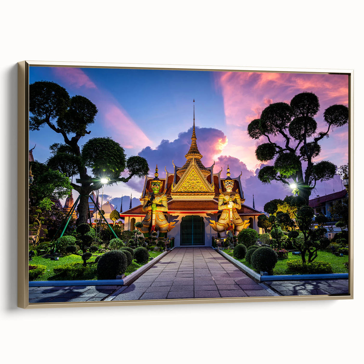Framed canvas of a vintage Bangkok landscape in black and gold tones, ideal for bedroom wall art.