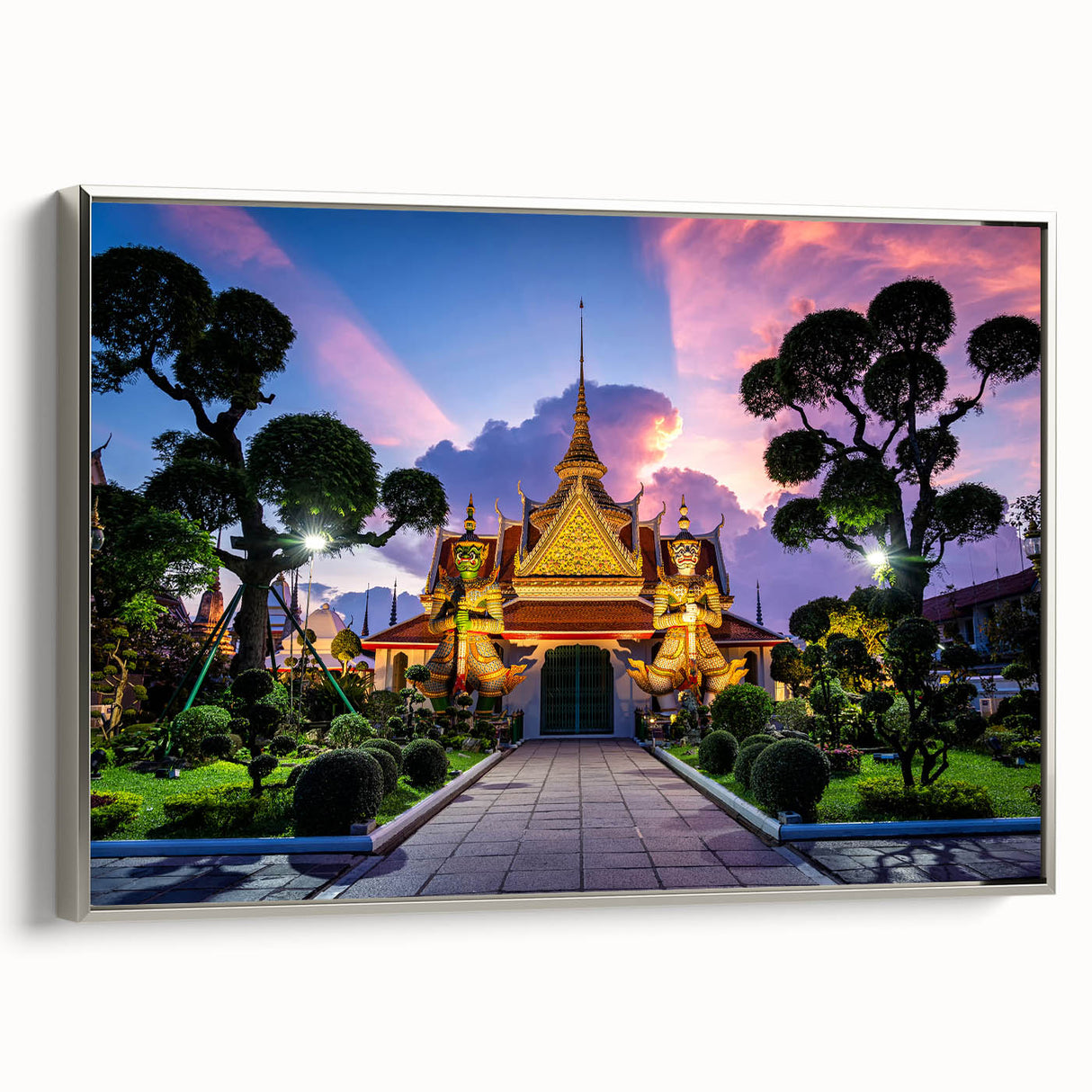 Framed canvas landscape art painting of Bangkok with vibrant colors on a black background, ideal for living room decor.