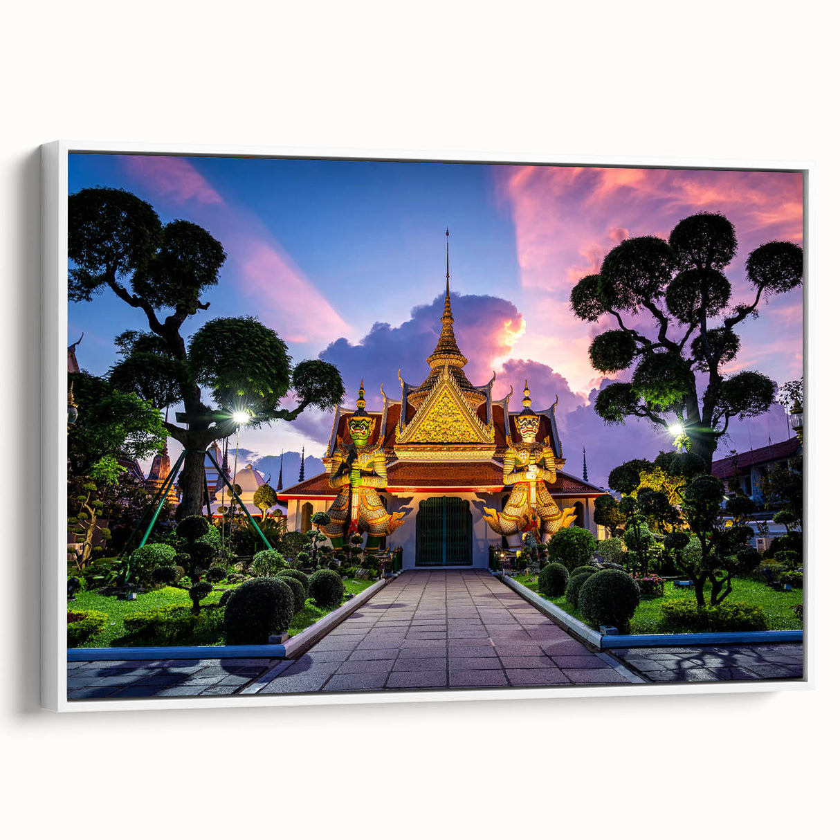 Vintage poster art of Bangkok skyline in vibrant colors on extra large framed canvas, ideal for living room decor.