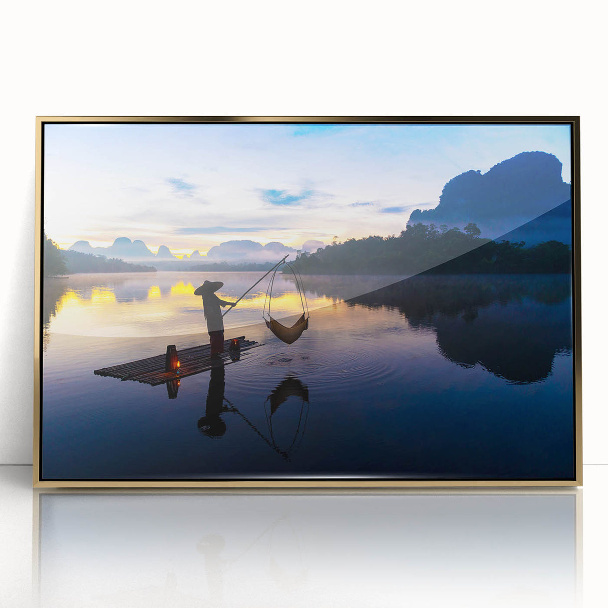 Large art print of a serene Thai landscape in muted gold and green tones, framed acrylic, ideal for modern art wall decor.
