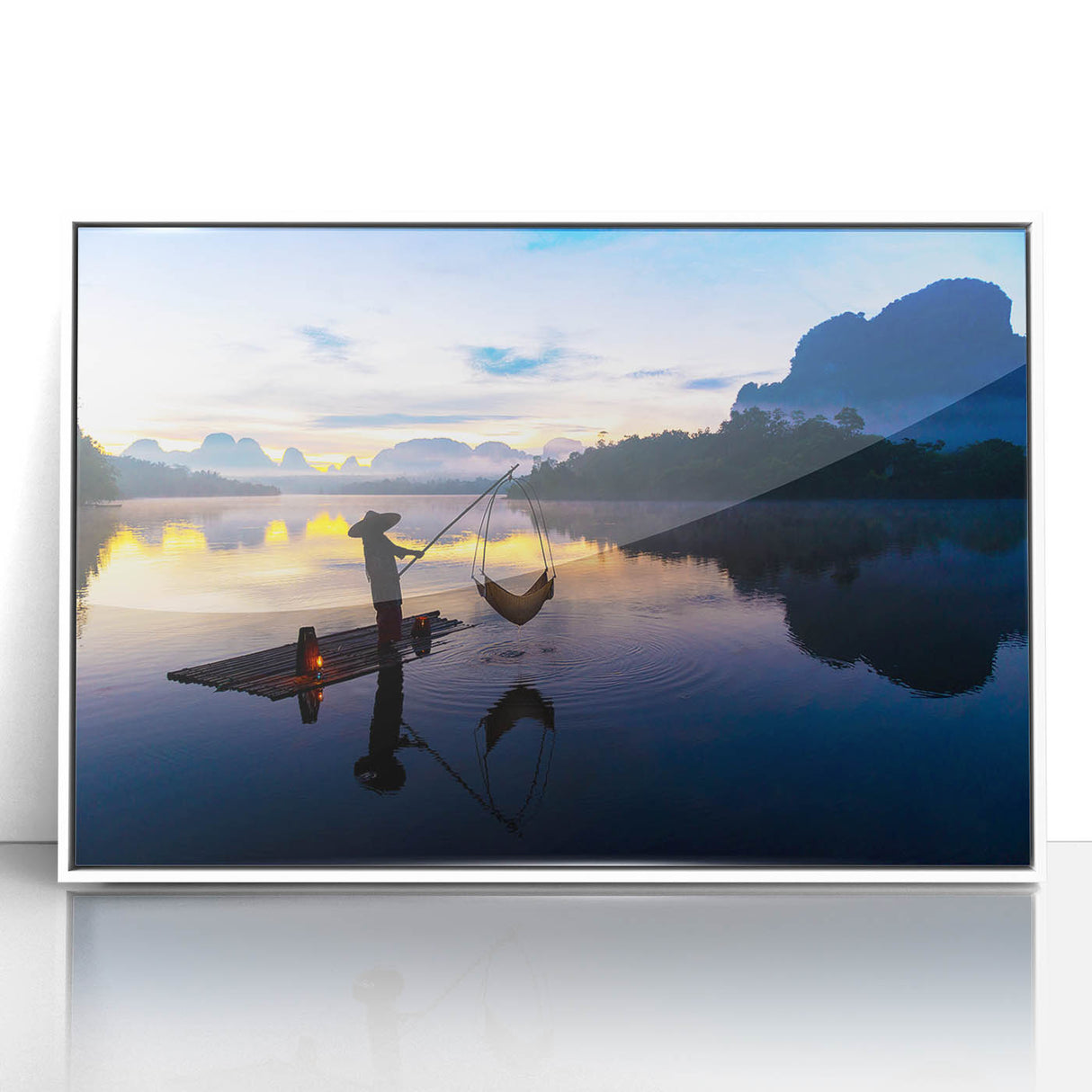 Acrylic print of a serene Thailand landscape in soft pastel hues, framed in white, suitable for modern art wall decor.