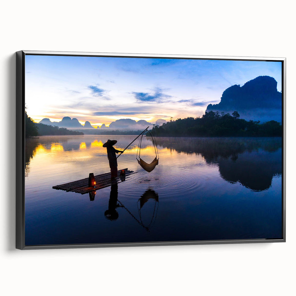 Black and white landscape art painting of a Thai scenery on framed canvas, ideal for bedroom decor.