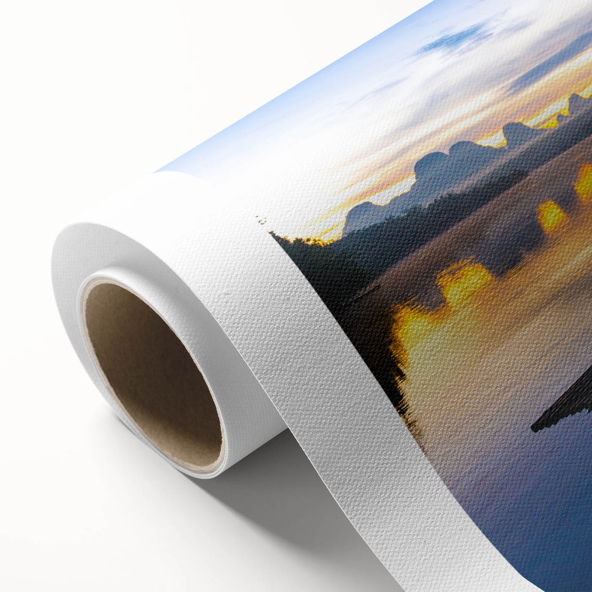 Art Deco poster of a serene Thai landscape in soft blue and green hues on rolled canvas, suitable for nursery wall art.