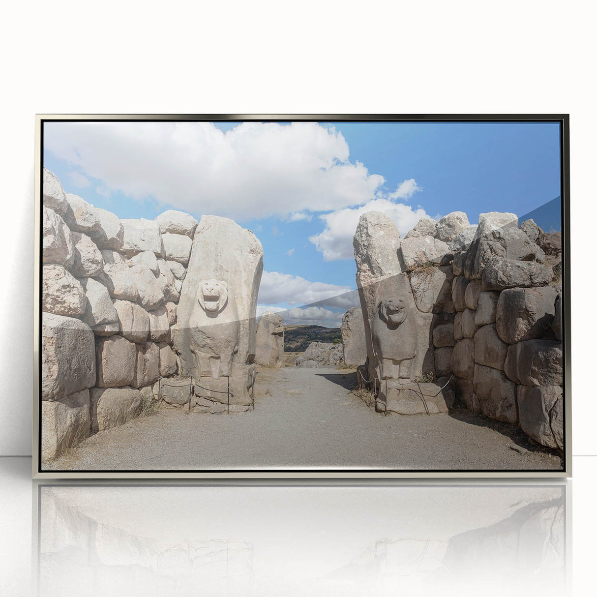 Mid-century modernist art depicting a serene Turkish landscape in muted earth tones on a framed acrylic panel.