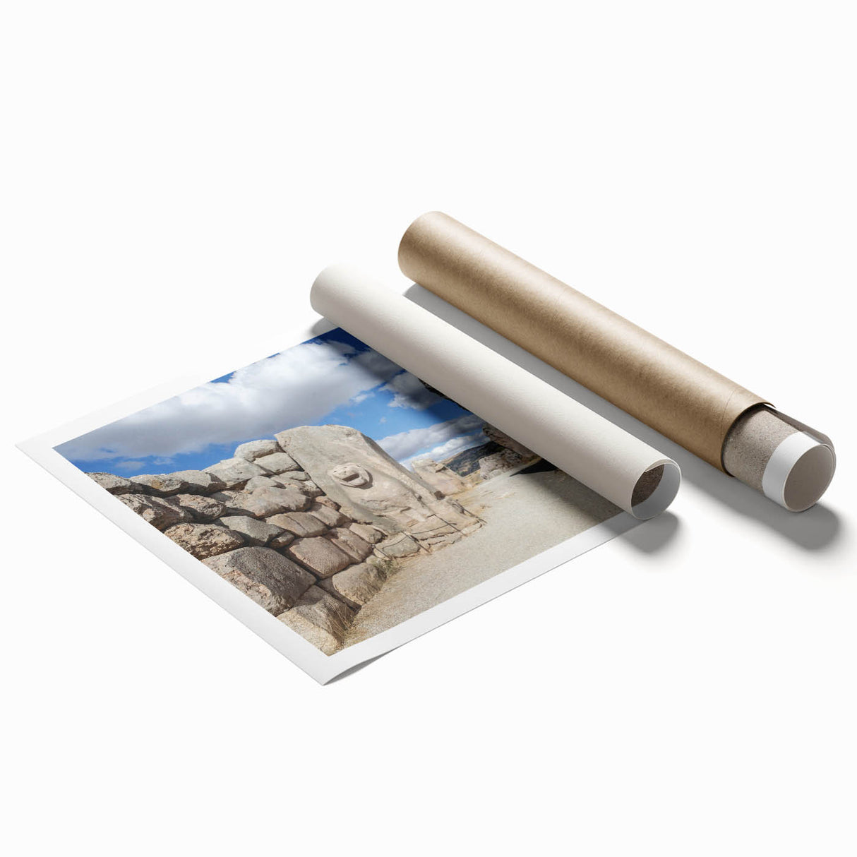 Extra large rolled print featuring a serene Turkish landscape with soft floral elements in muted earth tones.