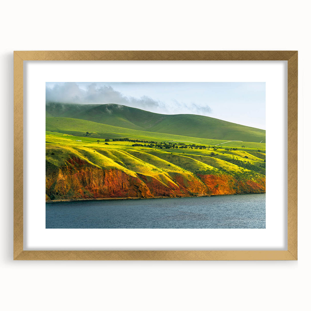Textured abstract art print of Adelaide scenery in muted earth tones, framed in gold, ideal for bedroom wall decor.