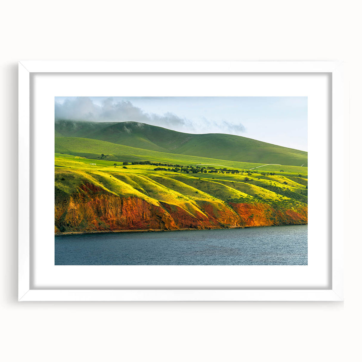 Extra large abstract art print of Adelaide scenery in textured style, framed with a white mat, ideal for living room decor.
