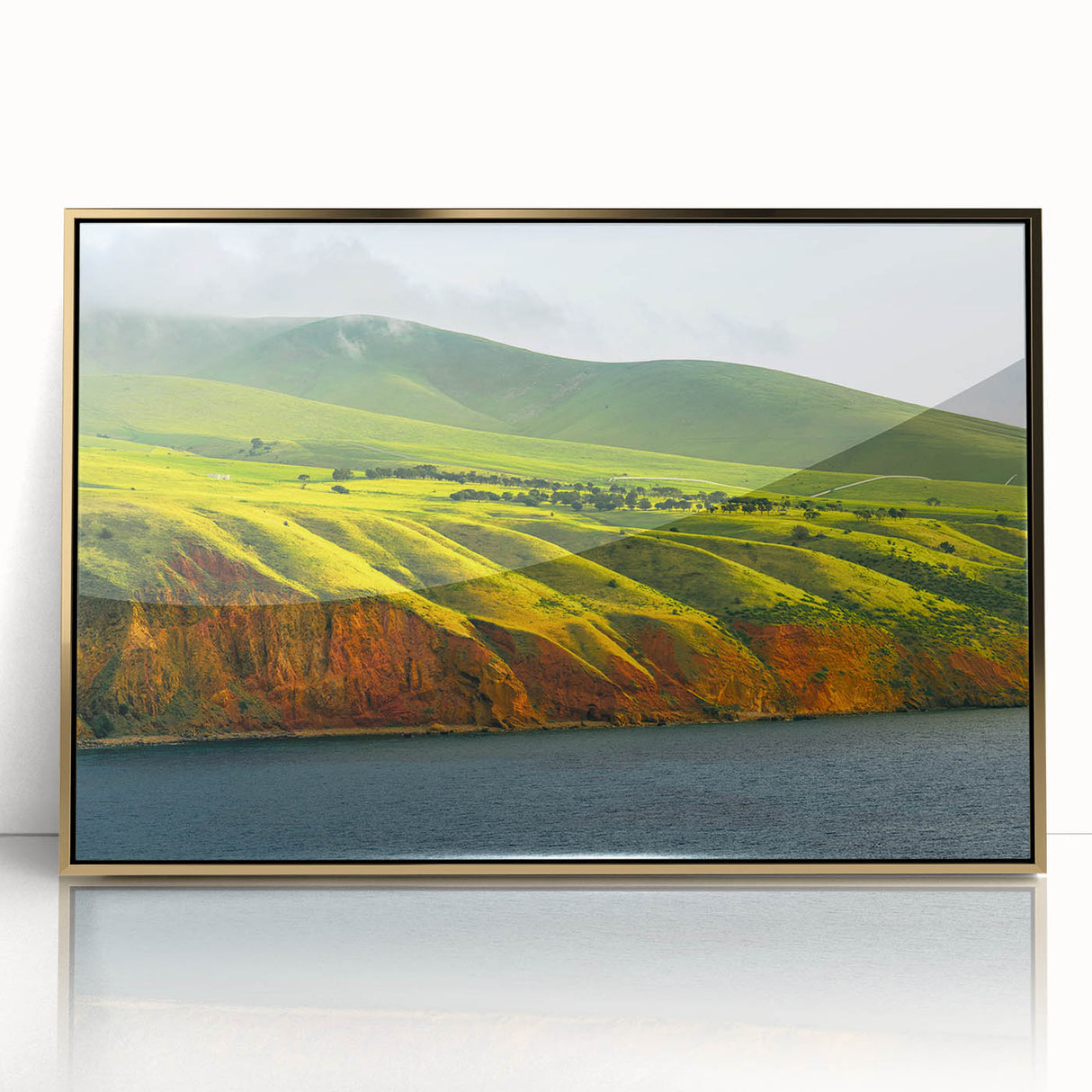 Mid-century modernist art depicting Adelaide skyline in muted gold tones on a framed acrylic print.