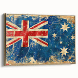 Framed canvas depicting Ayers Rock in Australia, with vibrant orange and blue sky, ideal for living room decor.