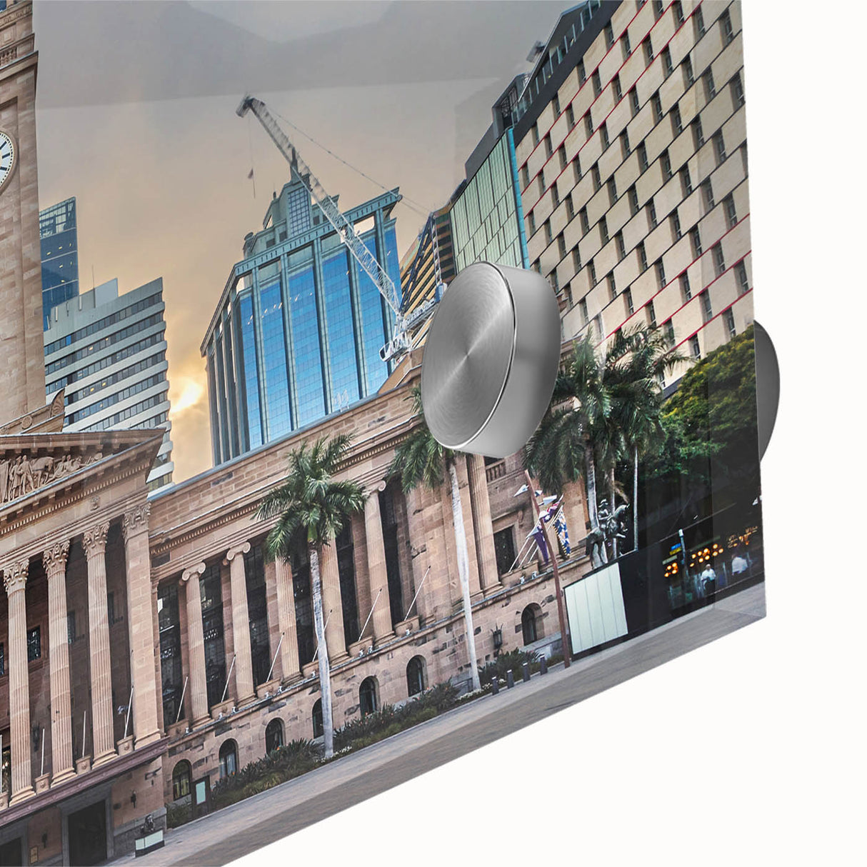 Large abstract depiction of Brisbane scenery in mid-century modernist style on acrylic glass.