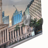 Large abstract depiction of Brisbane scenery in mid-century modernist style on acrylic glass.