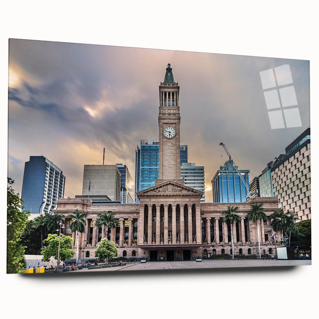 Large abstract wall art depicting the Brisbane skyline in muted blue and green tones on acrylic glass.