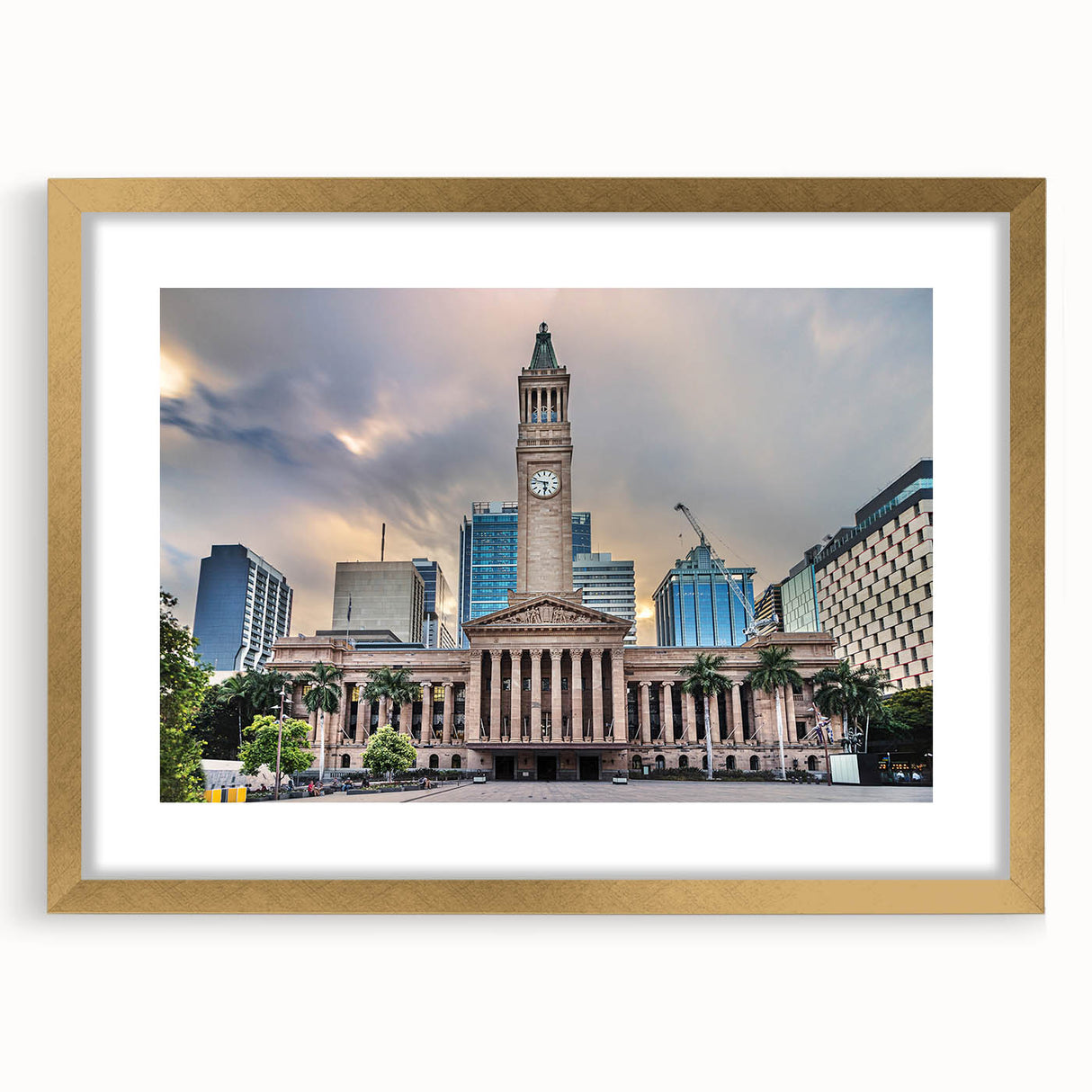 Textured abstract art print depicting Brisbane scenery in muted earth tones, framed in gold, suitable for bedroom decor.