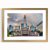 Textured abstract art print depicting Brisbane scenery in muted earth tones, framed in gold, suitable for bedroom decor.