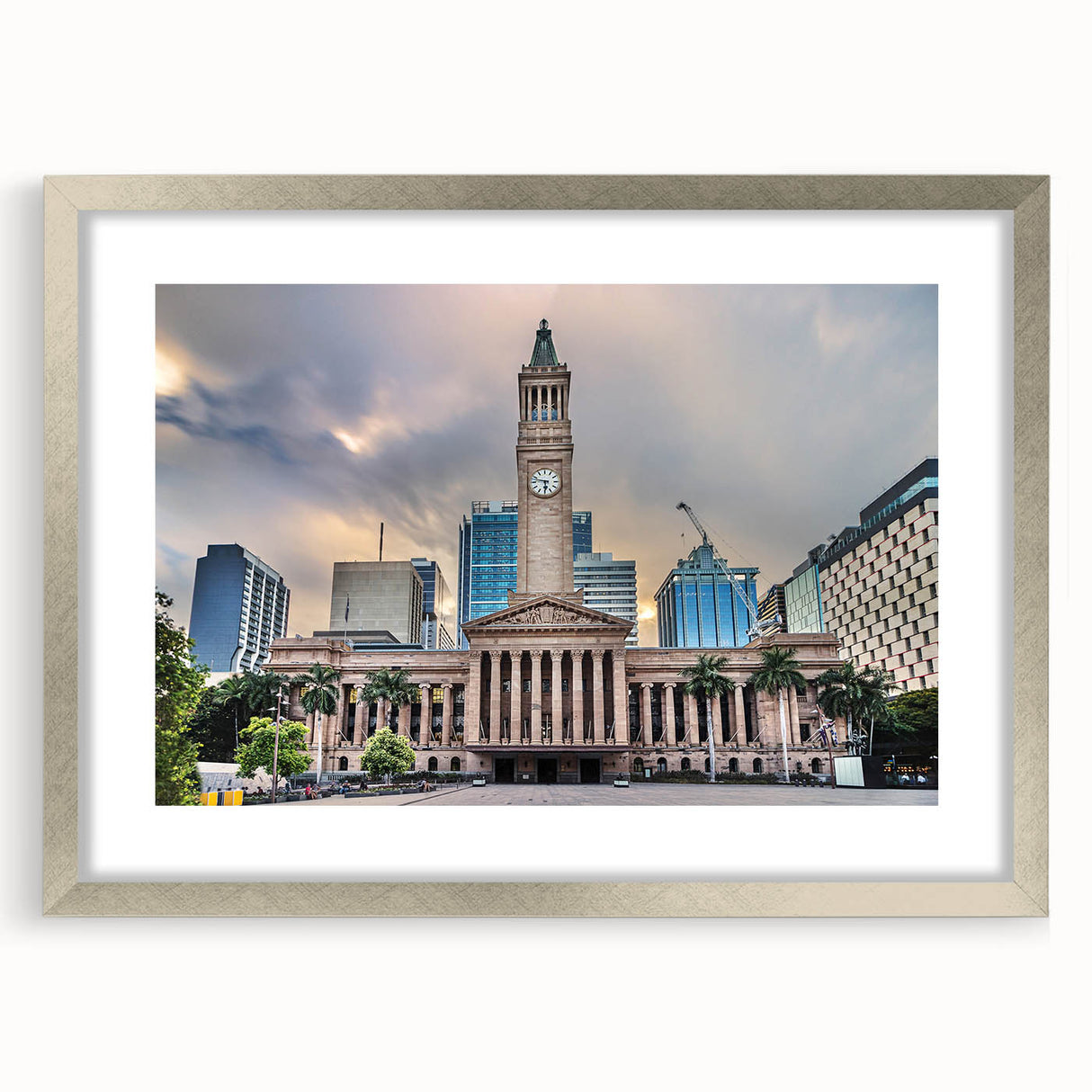 Abstract art print of Brisbane skyline in muted gray and silver tones on a framed canvas.