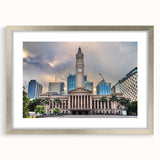 Abstract art print of Brisbane skyline in muted gray and silver tones on a framed canvas.