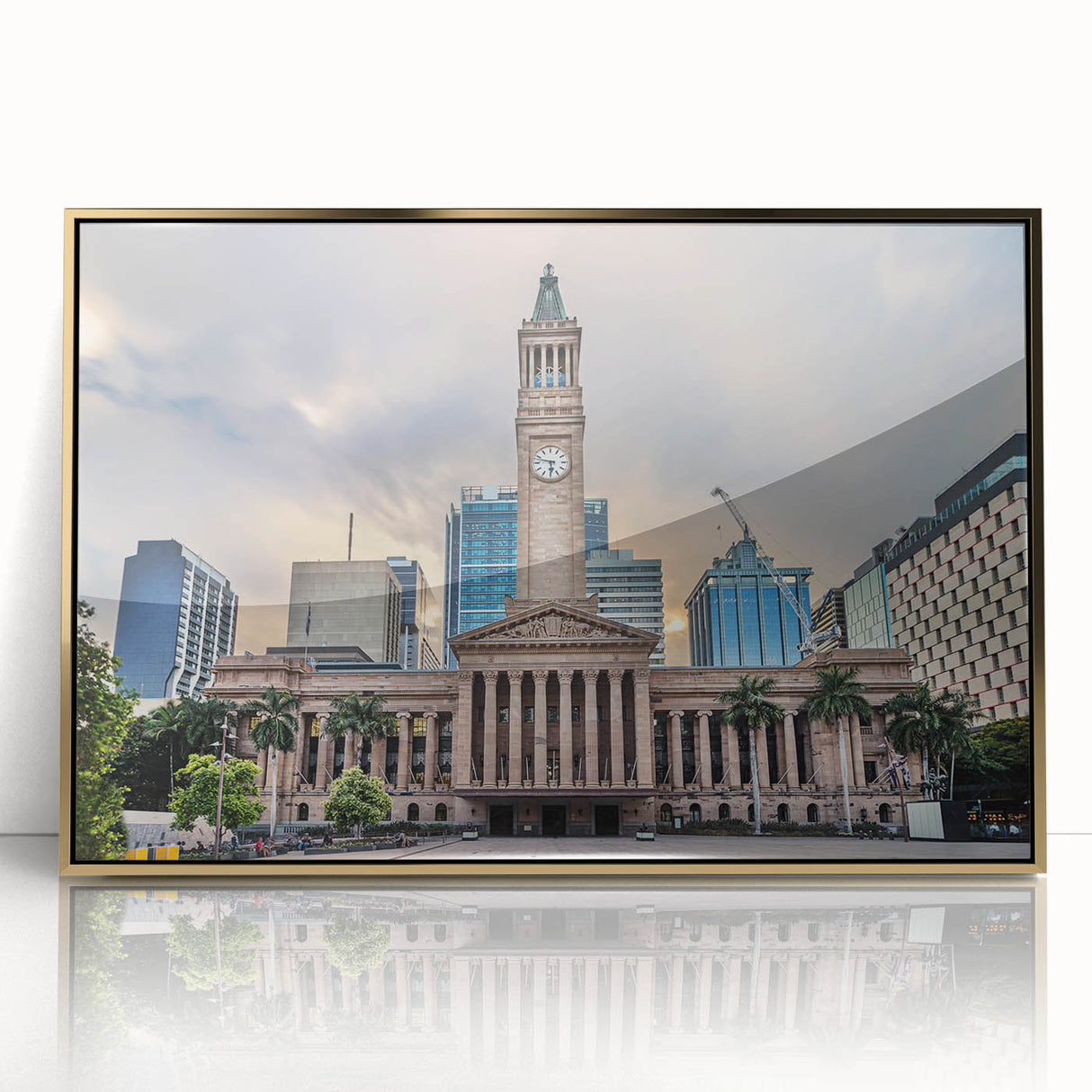 Framed acrylic print of Brisbane skyline featuring mid-century modernist art style with gold and blue tones.