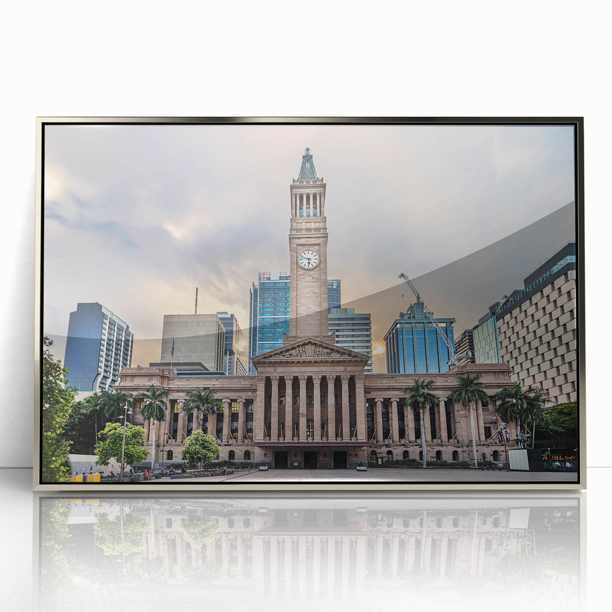 Framed acrylic print of Brisbane skyline in monochrome shades, ideal for modern art wall decor.