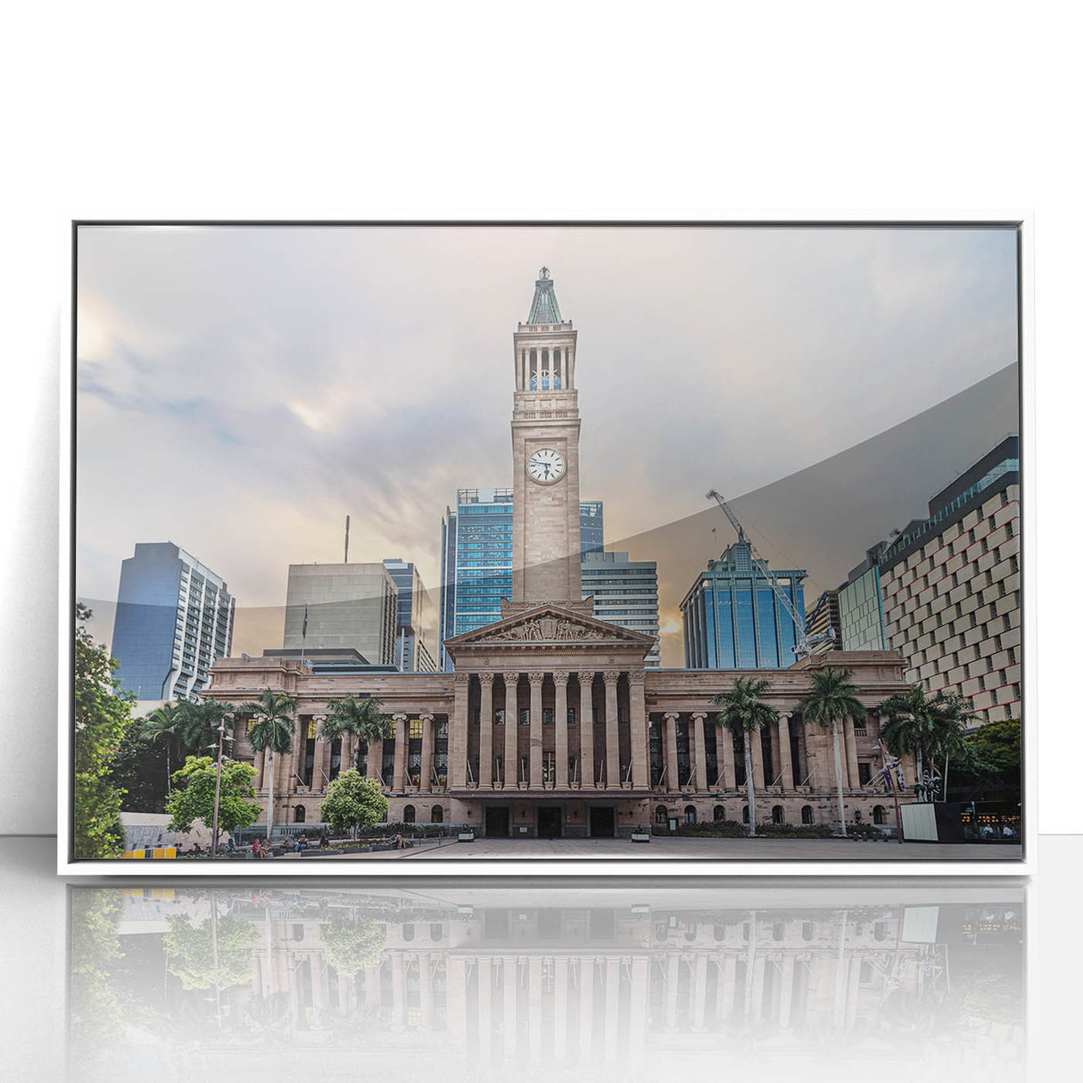 Large art print of Brisbane skyline in muted colors on framed acrylic, ideal for modern art wall decor.