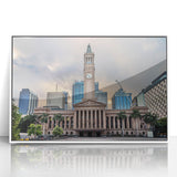 Large art print of Brisbane skyline in muted colors on framed acrylic, ideal for modern art wall decor.