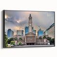 Black and white framed canvas of Brisbane landscape, ideal for bedroom wall art in a vintage poster style.