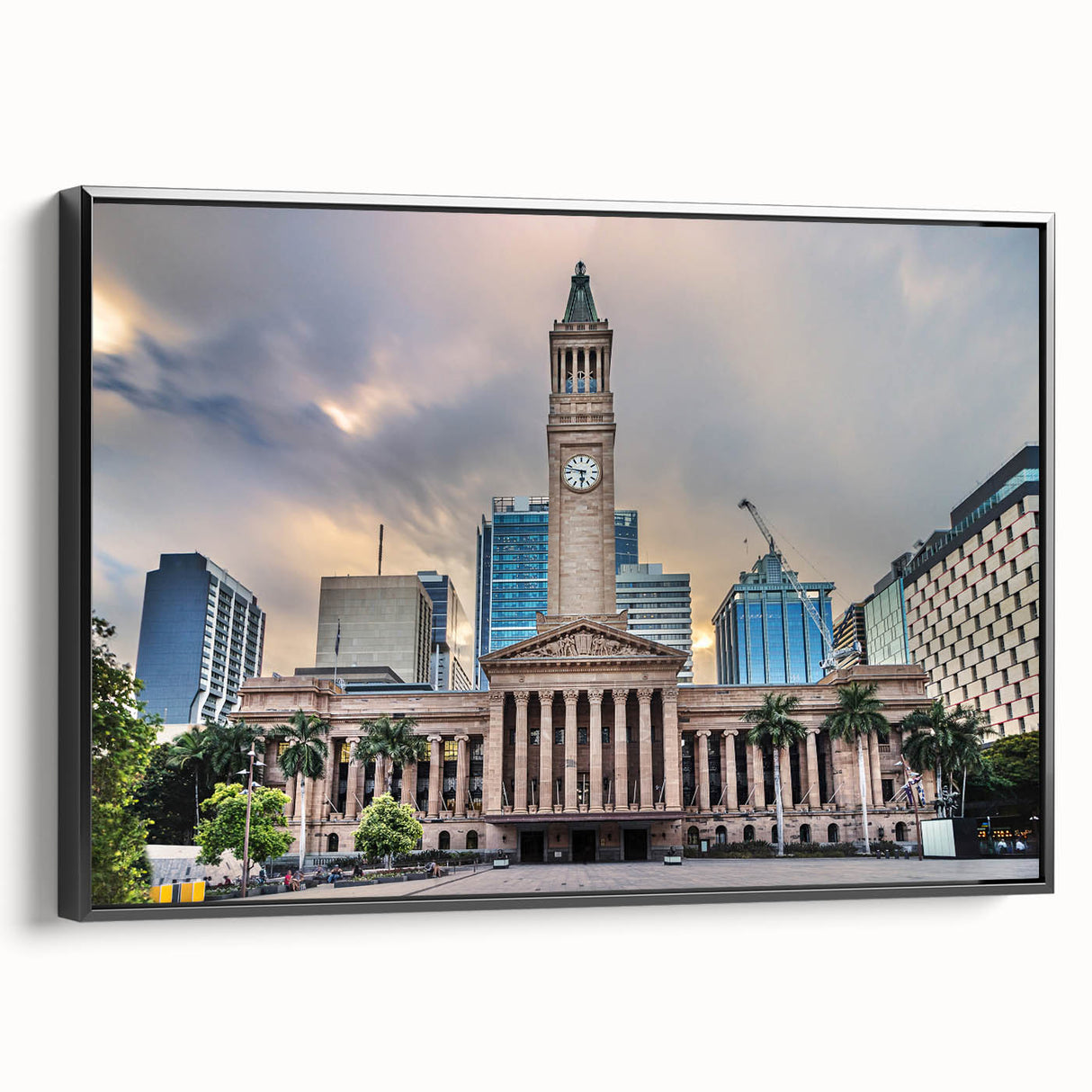 Black and white framed canvas of Brisbane landscape, ideal for bedroom wall art in a vintage poster style.