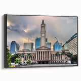 Black and white framed canvas of Brisbane landscape, ideal for bedroom wall art in a vintage poster style.