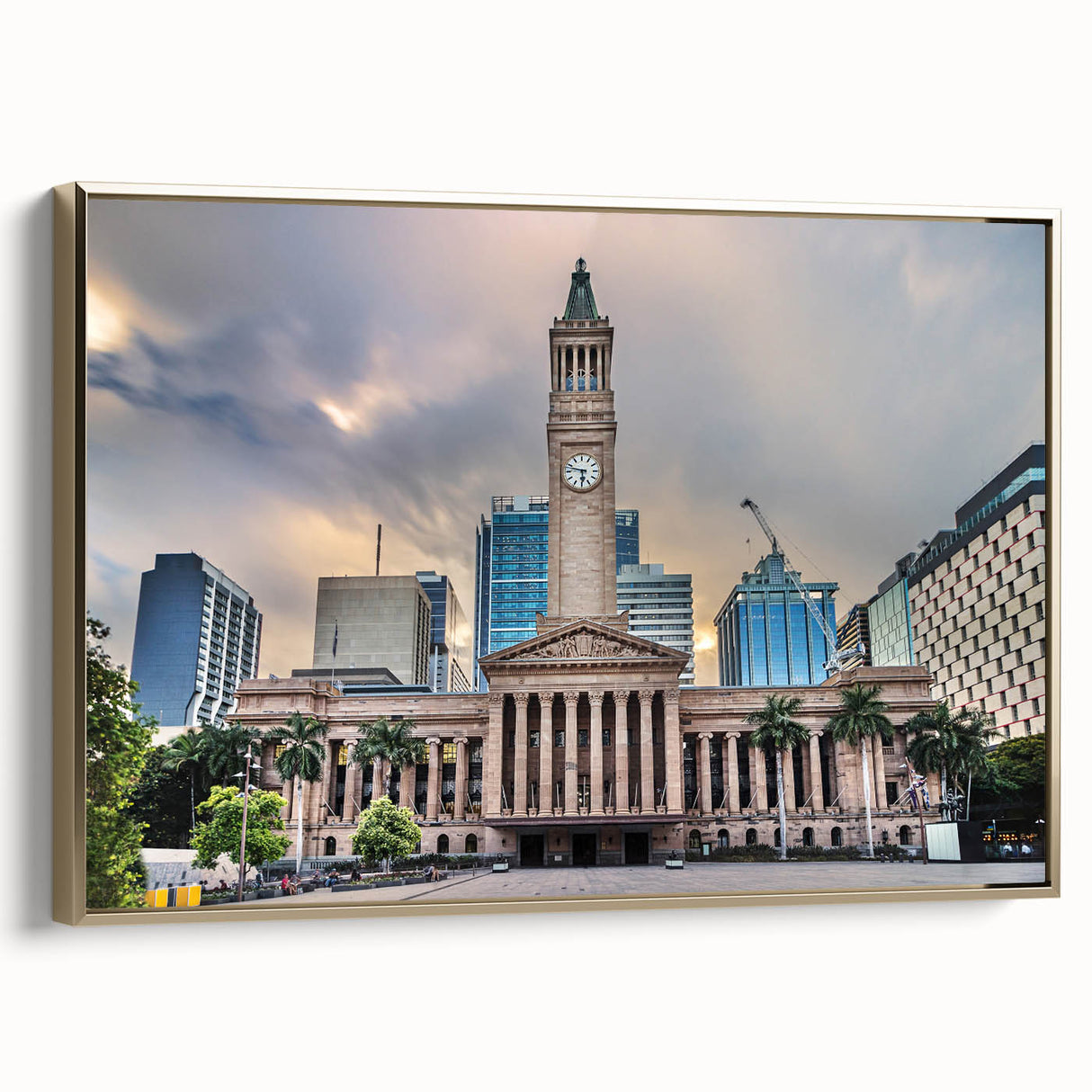 Landscape art painting of Brisbane skyline on framed canvas.