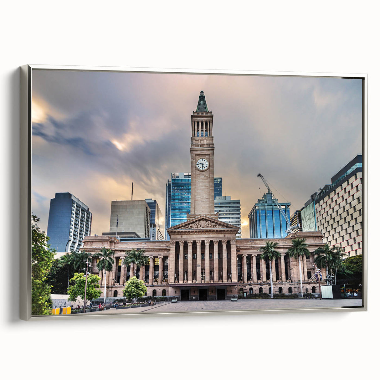 Vintage poster art of Brisbane skyline in vibrant colors on a large framed canvas, suitable for living room decor.